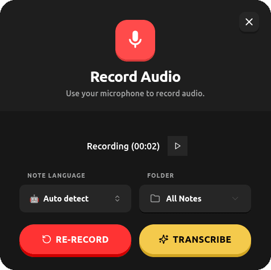 Choosing the note language before transcribing a recording